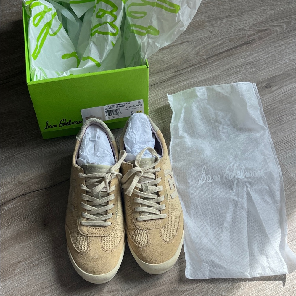 Sam Edelman Beige Suede & Mesh Low-Top Sneakers